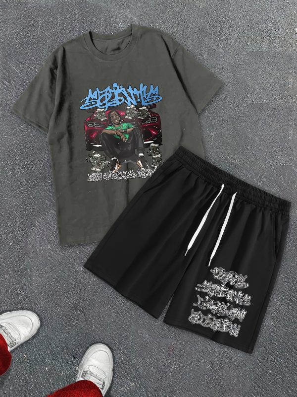 summer shorts short sleeve suit, rock hip hop printed street style two piece costume, men's t shirt and drawstring shorts suit with pocket, quick drying sports suit, comfortable and breathable, street costume y2k.