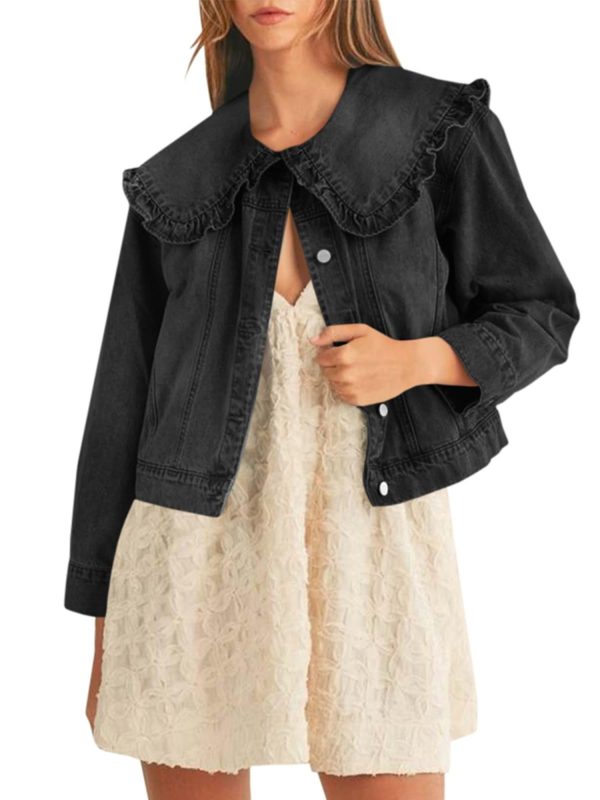 women's casual denim jacket long sleeve, collared shirt coat with pockets, machine washable