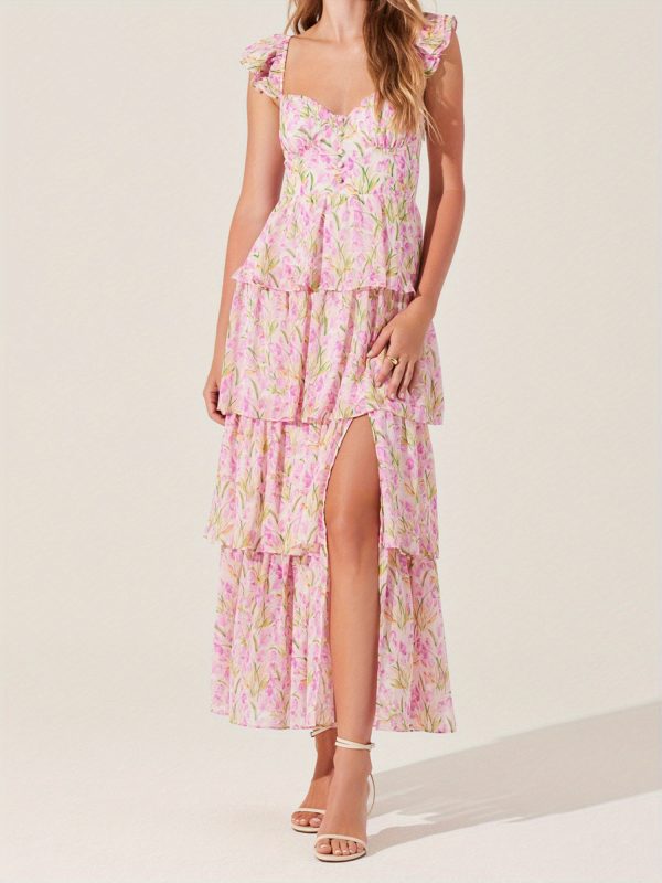 women's floral dress stylish multi layered ruffles split cap sleeve long a line dress for spring summer