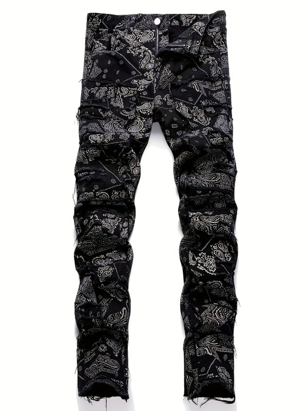 men's elastic waist straight leg loose fit jeans with red paisley print & frayed hem streetwear style, machine washable, all season comfort, casual streetwear