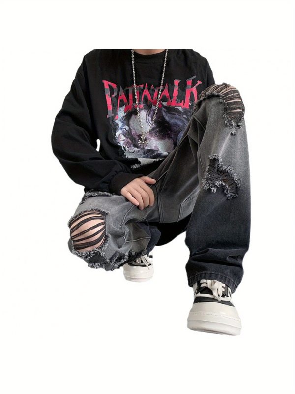 stylish gradient black and gray ripped jeans for men, inspired by high street american hip hop, featuring a cool high end straight leg design suitable for a trendy look