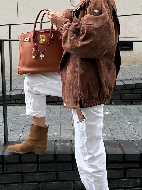 women's elegant brown jacket structured zipper front closure, non stretch outer for office, commute & formal events machine washable professional outerwear (springu002ffall essential), spring outerwear, turndown collar, suedelike texture