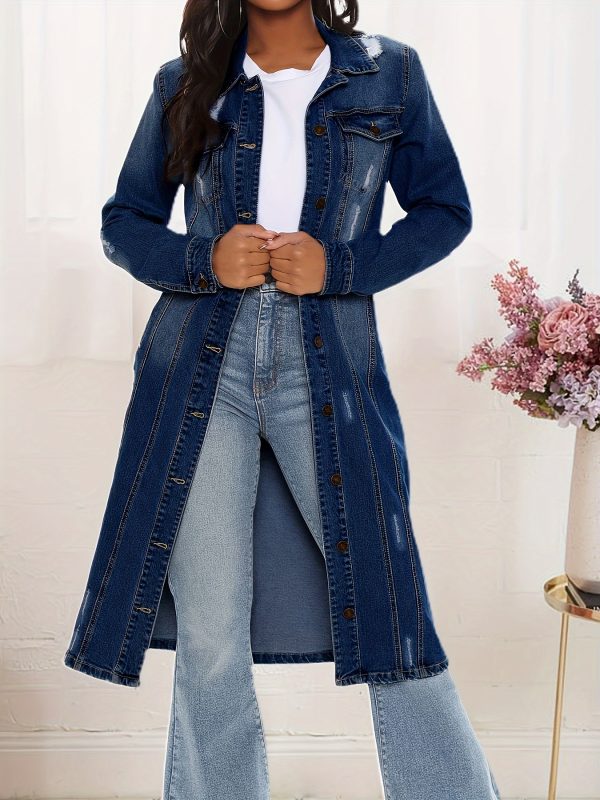 women's lapel button vintage slim denim long jacket