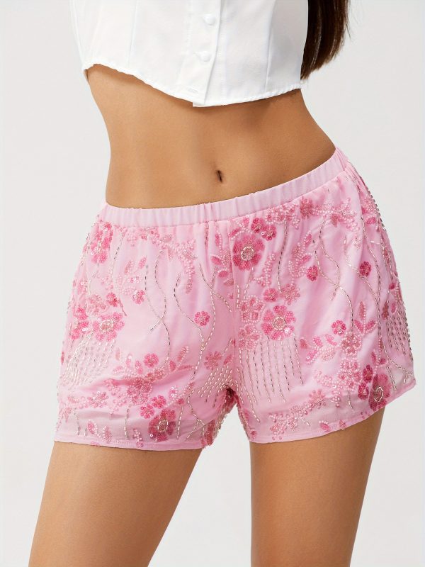 women's red sequin mini shorts with beaded floral design, elastic waist loose fit casual summer streetwear shorts machine washable, nontransparent fabric, vacation outfit, comfortable material, women