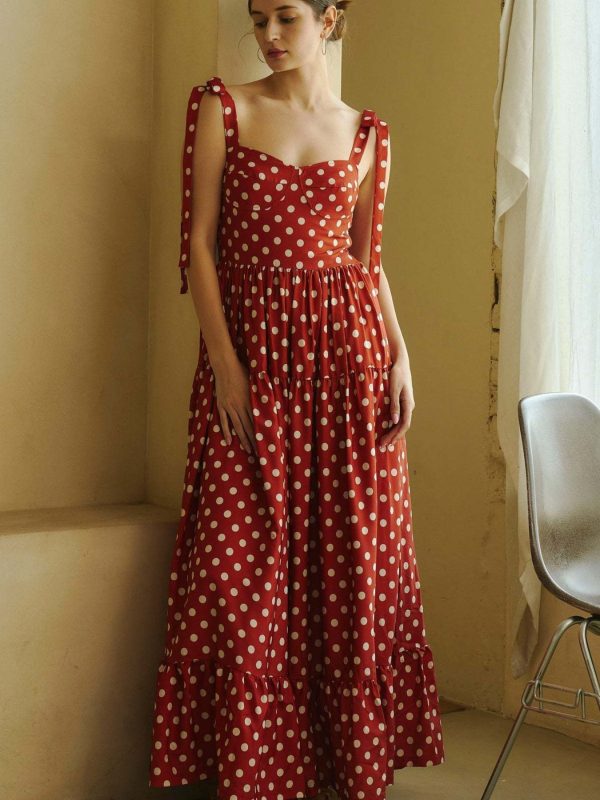 women's elegant square neck long sleeveless dress with adjustable tie up straps & red white floral print lightweight breathable casual to dressy machine washable all season cami dress, cute dress, flowy fabric gown