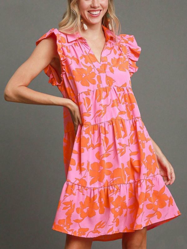 womens casual summer floral chic ruffled shoulder tiered babydoll mini dress pink orange abstract flower print sleeveless high neck flowy lightweight beach vacation party sundress