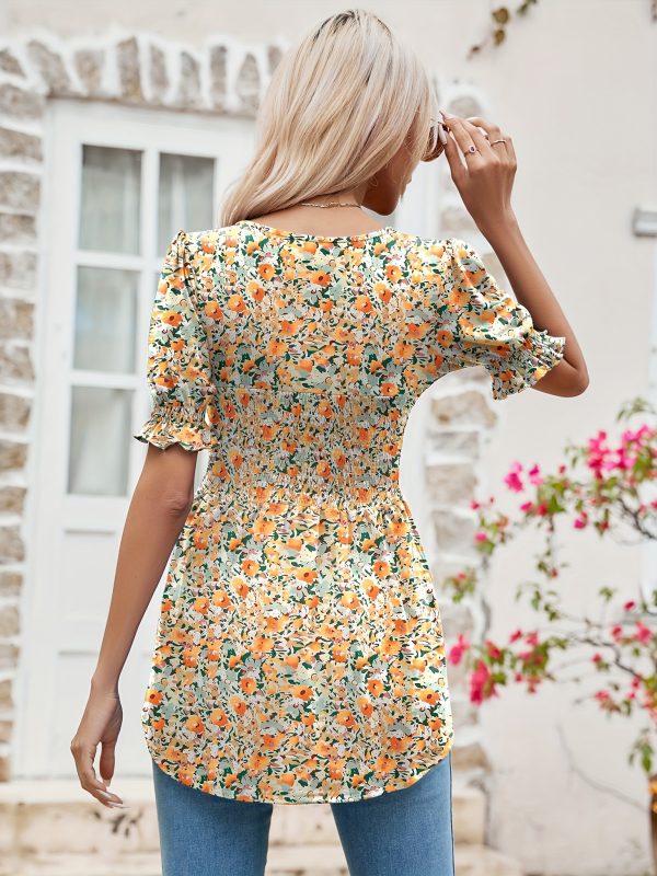 women's tunics square neck puff short sleeve smocked top ladies peplum blouse tee shirts 2024 spring summer s xl