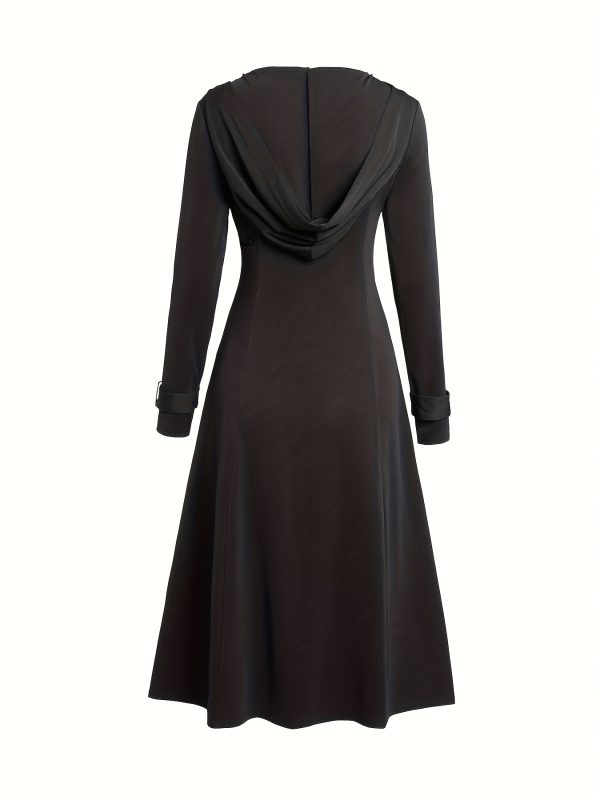 women's vintage gothic hooded zip up jacket solid black long sleeve coat with lace up front, thickened cuffs & waist tie belt for fallu002fwinter casual wear, zipper closure, durable fabric