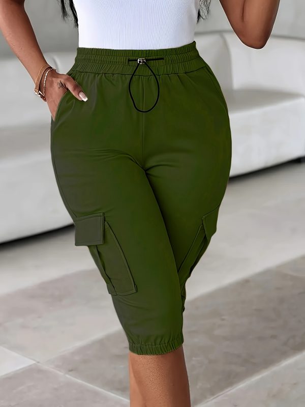 3pcs women's cargo pants with adjustable drawstring waist casual short length, side pockets, solid color, all season comfort fit, casual wear pants | adjustable drawstring pants | functional pockets