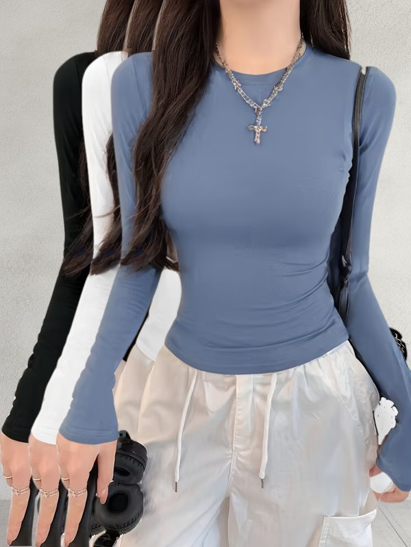 3pcs elegant women's long sleeve t shirts solid color polyester, round neck, regular fit, lightweight & breathable for springu002ffall casual wear, everyday tshirt | elegant women's tee | construction, ladies t shirts