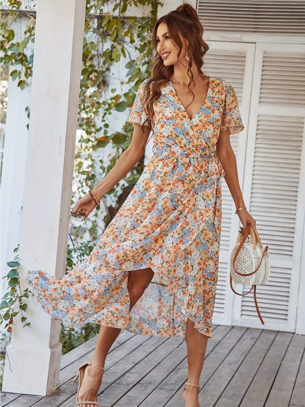 women's boho floral print midi dress v neck lace up short sleeve with ruffle hem, lightweight summer beach party dress for casual outings & garden events, beach dresses, garden event attire, fitted silhouette