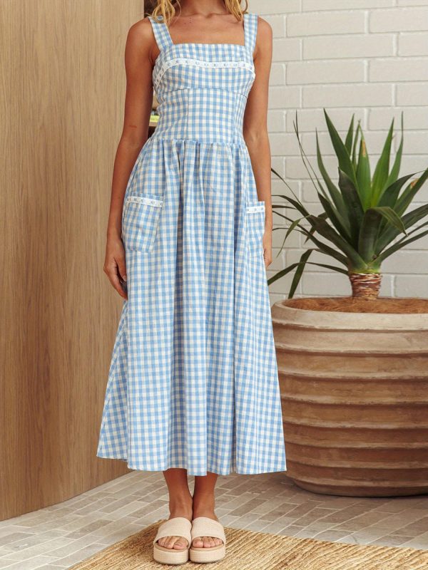 women's summer long cami dress sleeveless open back plaid beach dress with 2 pockets