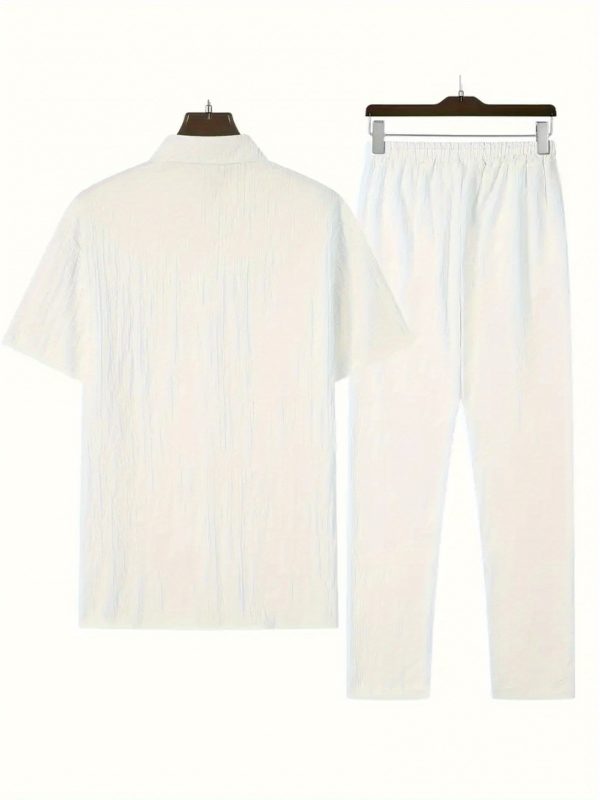 men's casual striped short sleeve sports suit with button shirt collar and elastic waistband pants, made of polyester textile elastane blend, summer two piece suit with waistband detail