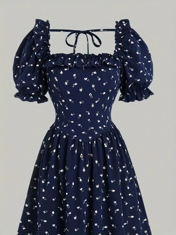 women's navy blue & white floral midi dress elegant french floral party, wedding guest, formal event dress with bubble sleeves, flared hem non stretchy fabric for springu002fsummer outfits, wedding guest attire, square neckline, highquality textile