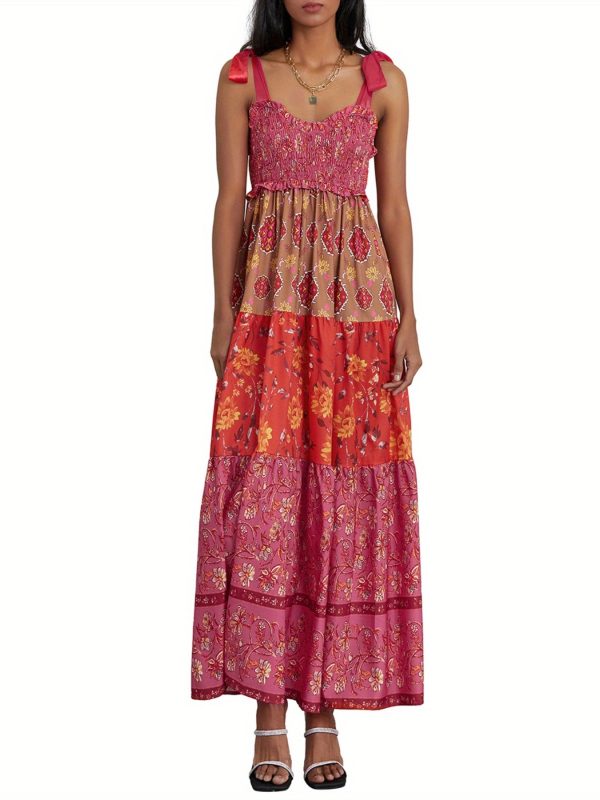 women cami dress floral print tie up shoulder straps sleeveless dress long dress summer big swing a line dress
