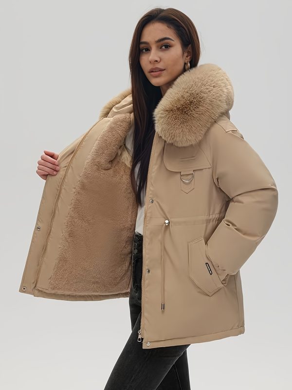 women's beige faux fur zip up coat long winter coat with pockets, solid color, fallu002fwinter style, cozy outerwear for cold weather, cozy winter wear | zipup coat | durable outerwear