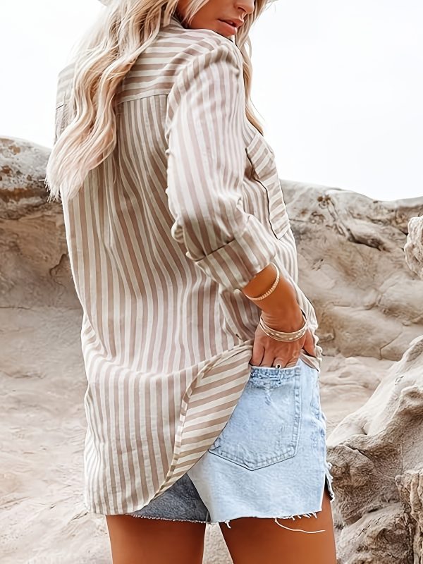 springu002fsummer new ramie wash striped single breasted long sleeve shirt woman