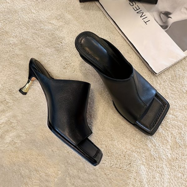 women's square toe stiletto heel sandals slip on mid heel synthetic cover black dress shoes for summer fashion, casual & formal events, high heel sandals
