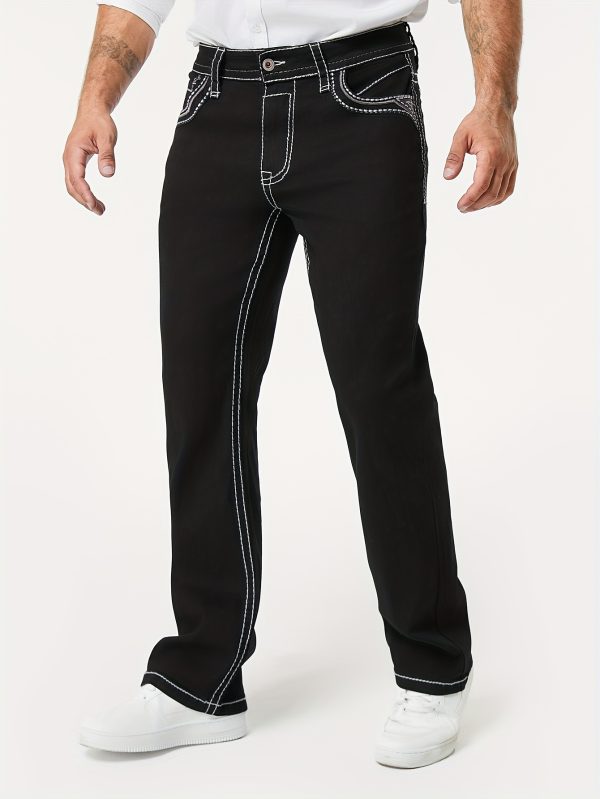men's casual black denim jeans with details, comfortable mid rise, loose fit, machine washable, perfect for casual attire
