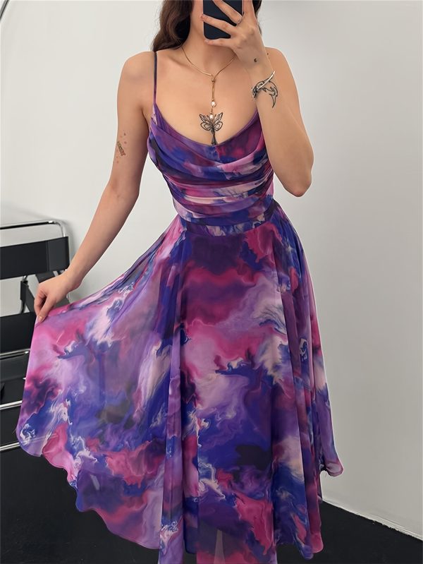 chicme women's deep purple tie dye spaghetti suspender dress v neck ruffle hem a line mini dress with thin straps, all season versatile party & casual outfit, spaghetti suspender dress, allseason attire, ruffle hem design, flowy fabric
