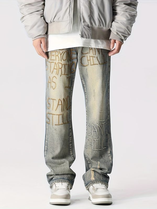 men's distressed blue straight leg jeans with embroidered