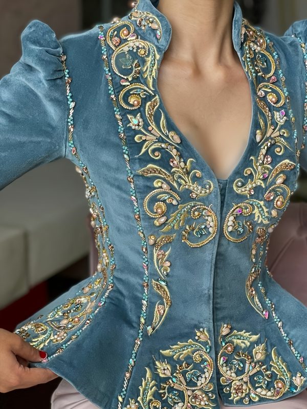 elegant floral deep v neck peplum long sleeve velvet blouse