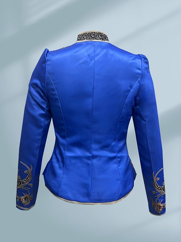vintage floral stand collar long sleeve jacket blue & golden floral print, machine washable non stretch fabric, a line silhouette for springu002ffall casual & formal outfits