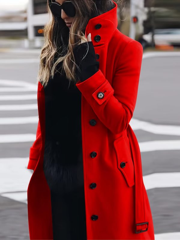 elegant red polyester coat for women long sleeve, front button closure, non stretch fabric, perfect for fallu002fwinter casual or formal occasions, seasonal fashion, sophisticated style, nonstretch material