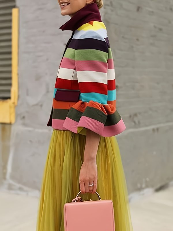 elegant rainbow stripe jacket for women chic flared sleeve, lapel collar outerwear, perfect for parties & casual wear, party evening wear|lapel collar coat|colorful jacket