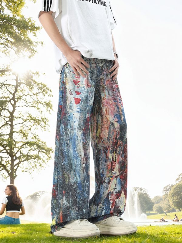 men's graffiti jeans with splashed ink and camouflage design, straight leg pants, comfortable, versatile, casual, high quality, abrasion resistant long trousers