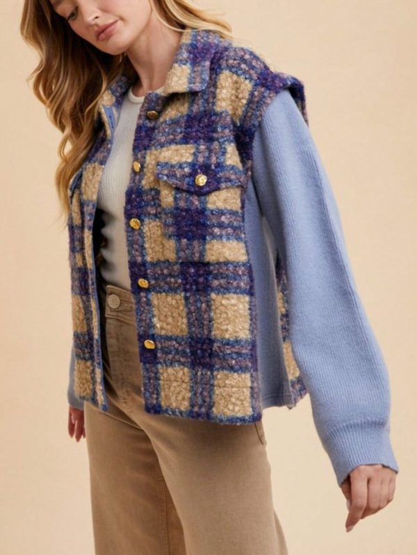 women's casual jacket chic faux fur plaid pattern outerwear blue button up closure long sleeves collared neck soft cozy fabric perfect for fallu002fwinter layering everyday wear