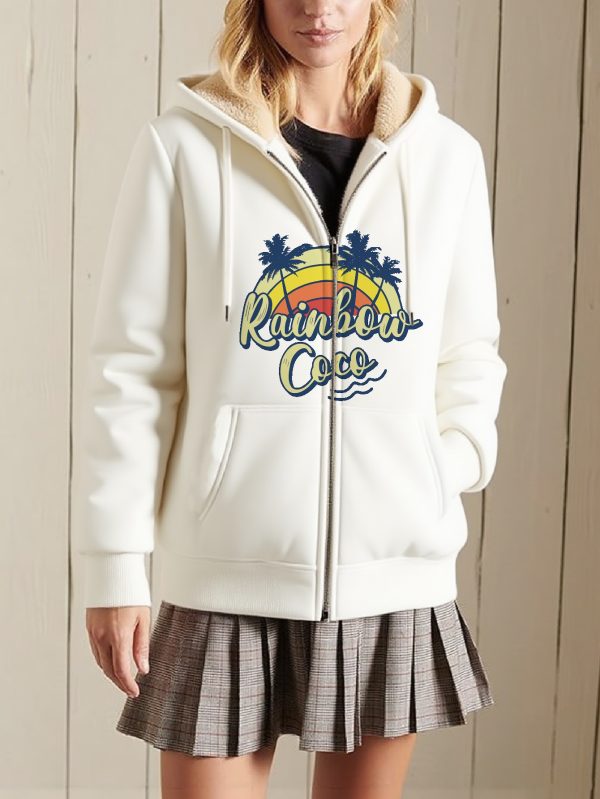 women's casual full zip hooded sherpa lined jacket cozy plaid print with palm tree &