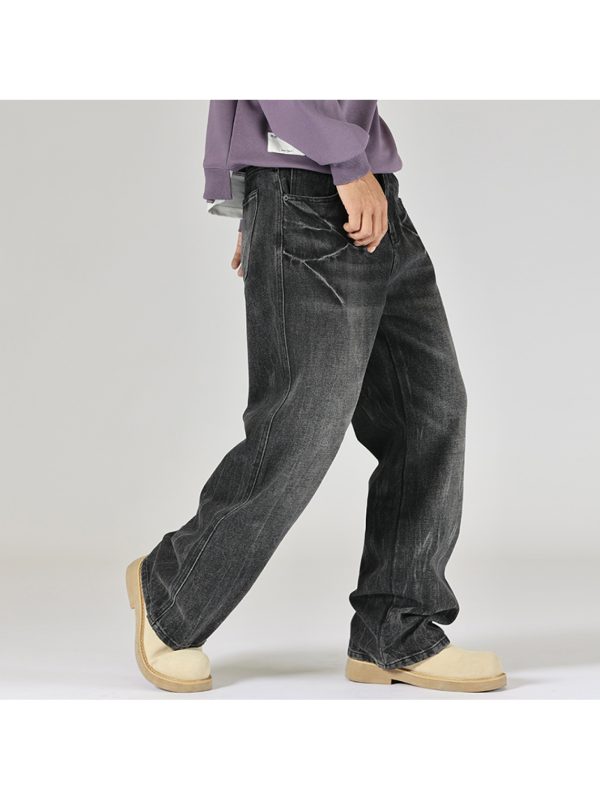 men's vintage faux denim with a black wash, featuring a straight loose fit, stylish large pockets, and a trendy distressed look.