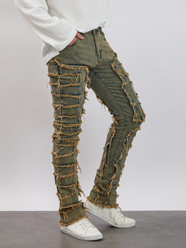 men's slim fit vintage patched distressed denim trousers for casual wear in spring and fall, featuring pockets.
