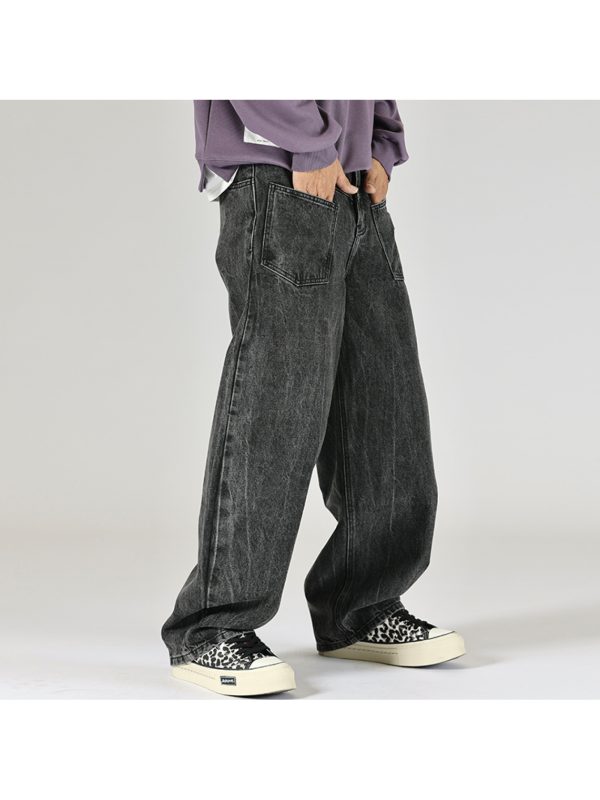 black washed vintage jeans men, small scimitar loose fit, trendy, large pocket design, high street dirty pants