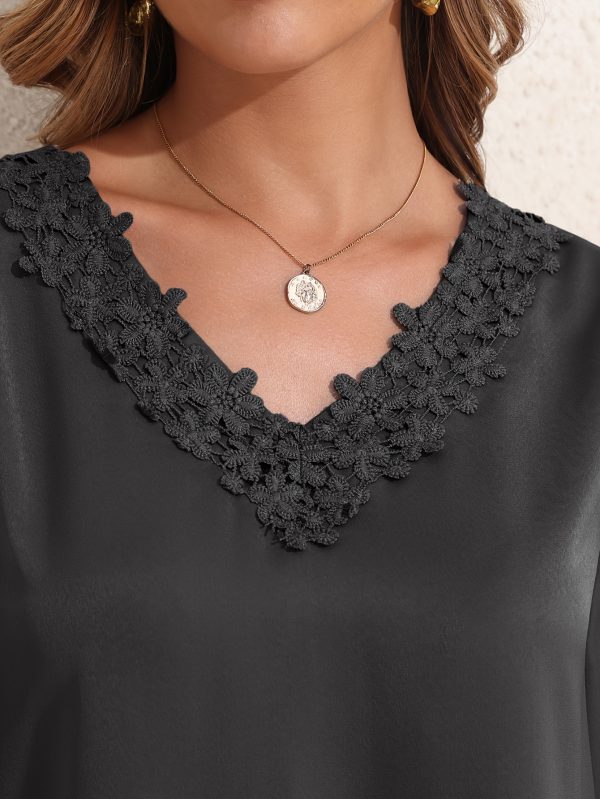 women summer tops neckline lace patchwork pullover shirt long sleeve elegant blouse