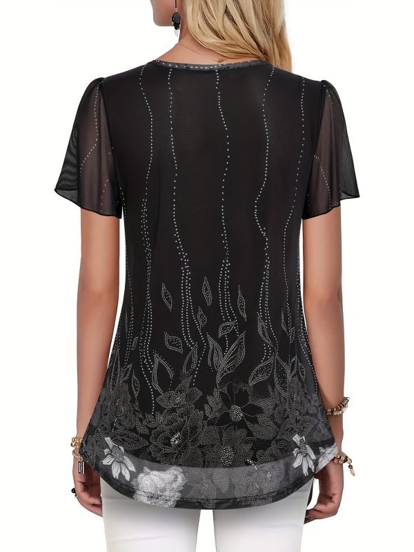 women's elegant floral print v neck blouse short sleeve, semi sheer mesh fabric, perfect for springu002fsummeru002ffall, machine washable, floral print blouse