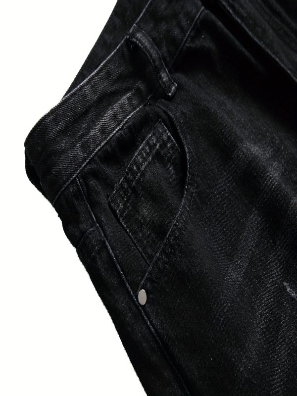 men's black jeans distressed ripped design, stretch denim fabric, mid rise fit with zipper fly closure, perfect for casual or night out, casual jeans | midrise jeans | distressed jean
