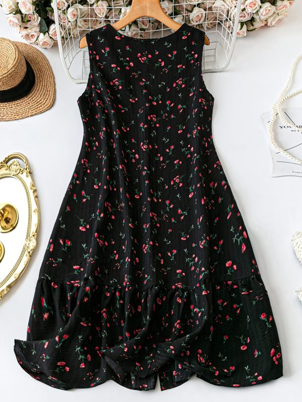 women's v neck sleeveless a line dress with ruffled hem & front button closure striped decal print, black with red floral patchwork, machine washable casual to dressy all season dress, versatile fashion, structured design, nontransparent fabric