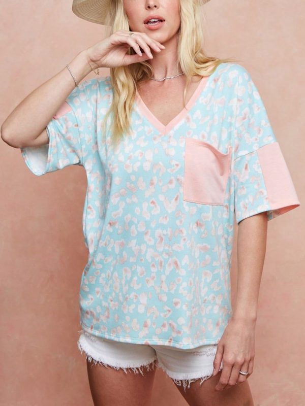 womens casual t shirt relaxed fit leopard print v neck top contrast pocket accent oversized summer blouse vacation beach wear short sleeve turquoise pink pattern daily casual weekend loungewear