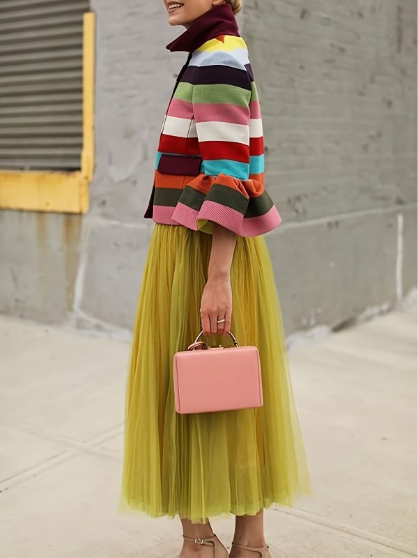 elegant rainbow stripe jacket for women chic flared sleeve, lapel collar outerwear, perfect for parties & casual wear, party evening wear|lapel collar coat|colorful jacket