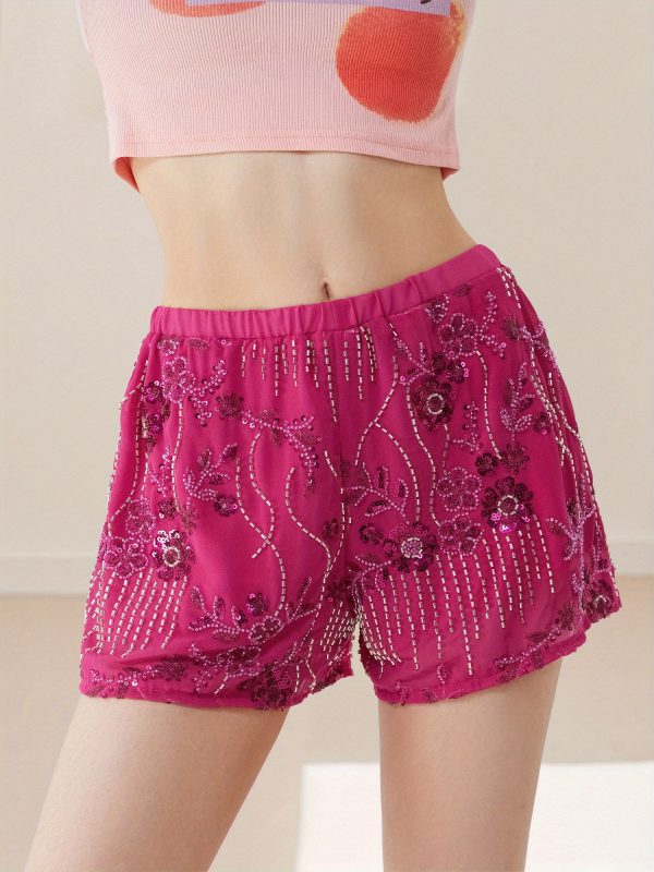 women's red sequin mini shorts with beaded floral design, elastic waist loose fit casual summer streetwear shorts machine washable, nontransparent fabric, vacation outfit, comfortable material, women