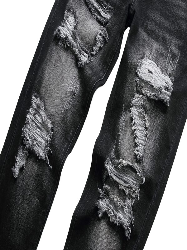 men's black jeans distressed ripped design, stretch denim fabric, mid rise fit with zipper fly closure, perfect for casual or night out, casual jeans | midrise jeans | distressed jean