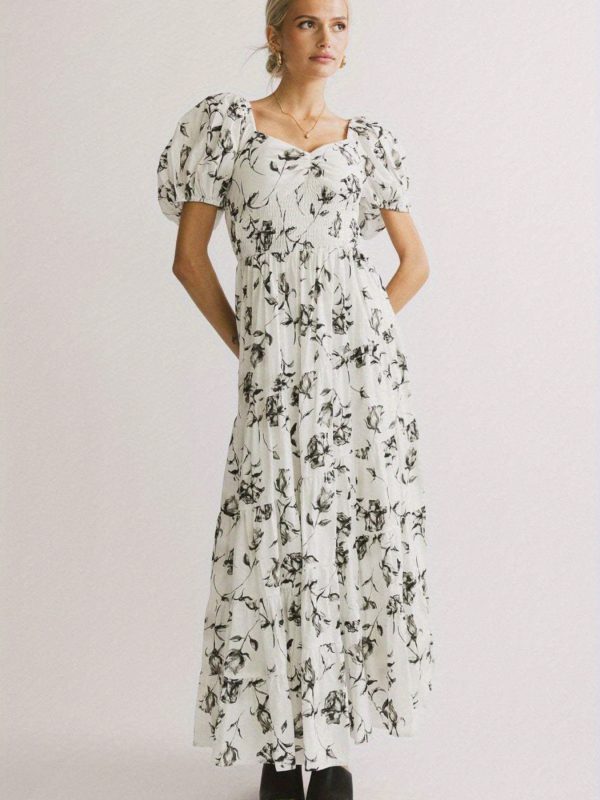 summer puff sleeve waist pleated elegant slim dress perfect for everyday vacation seaside parties