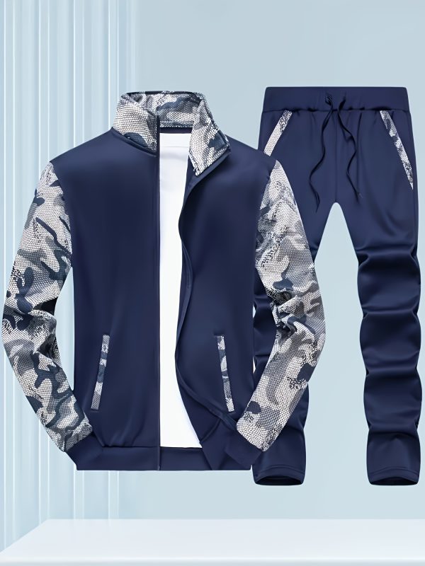 men's camouflage hoodie, spring and autumn long sleeved casual sports suit, fleece hoodie two piece set, stand up collar cardigan