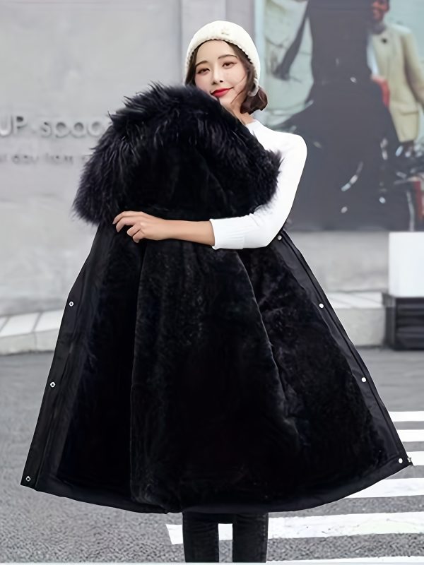 23208 women's casual faux fur lined coat with plush faux fur hood & cuffs machine washable all season outerwear, solid color design for casual attire