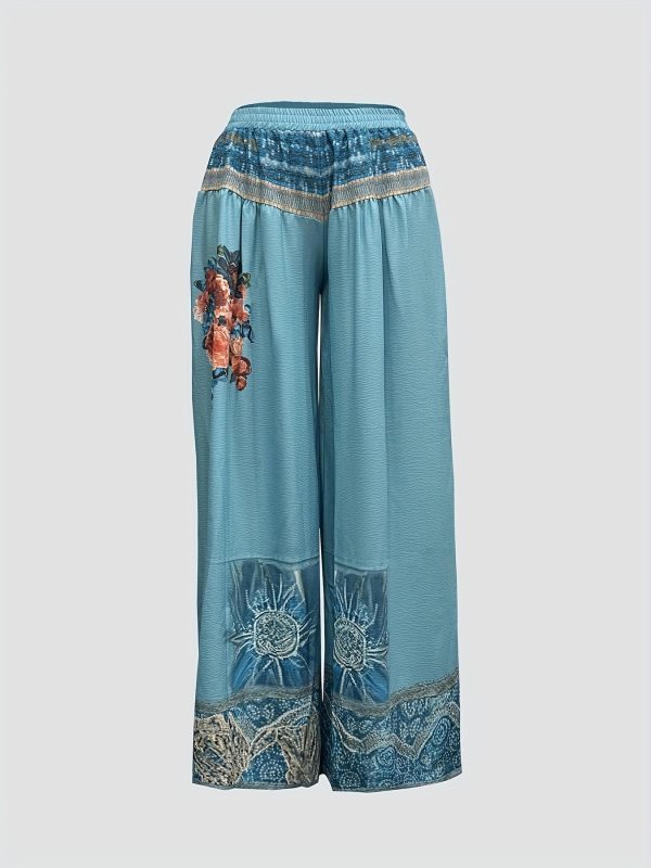 women's vintage floral print wide leg pants elastic waist casual trousers, machine washable long length for spring summer fall, outdoor & casual wear, versatile trousers, bohemian style, lightweight fabric, flowy trousers, boho chic style