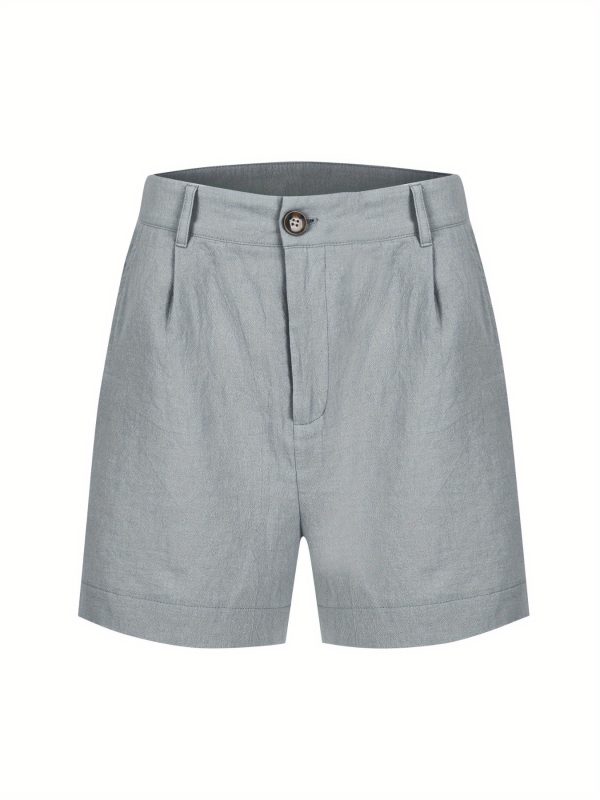 women's light gray shorts casual summer wear with button fly, elastic waist & pockets, comfortable for travel or everyday use, comfortable travel shorts | button fly shorts | texture