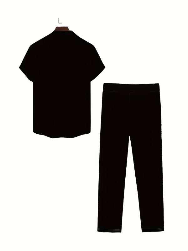 men's slim fit short sleeve shirt and pants suits, polyester fiber woven flame stamp and button, henry collar sets, solid color elastic drawstring waist and pockets men's casual tracksuits, for events and dates