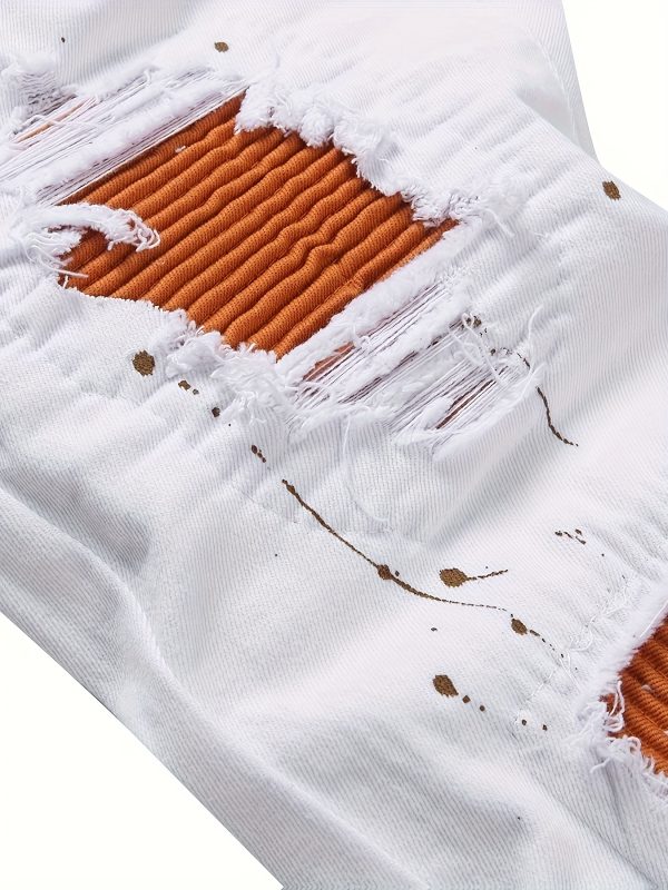 men's white casual jeans; splashed white pants; torn patchwork tattered white denim trousers.
